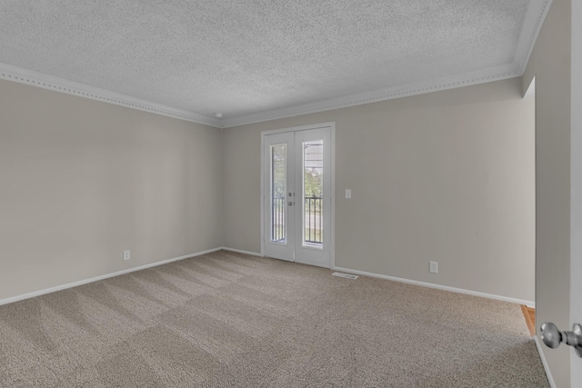 520 Almaville Rd, Smyrna, TN 37167 - carpeted empty room with a textured ceiling, crown molding, baseboards, and french doors