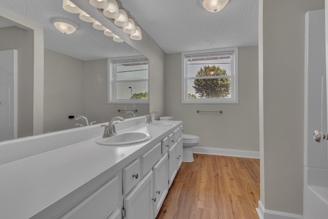 520 Almaville Rd, Smyrna, TN 37167 - bathroom with baseboards, wood finished floors, a textured ceiling, double vanity, and toilet