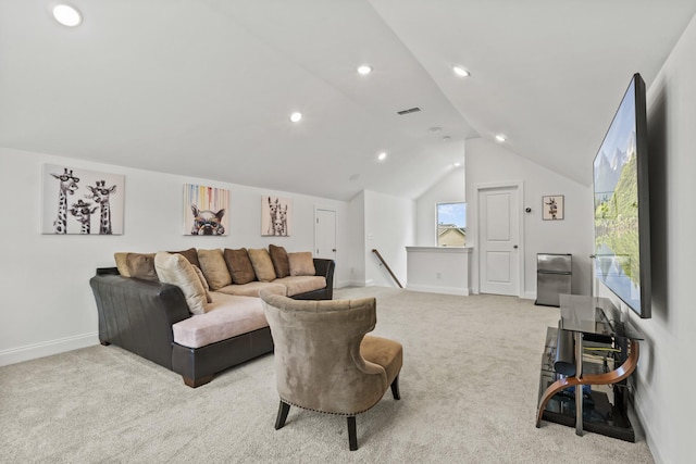 400 Parker Ct, Antioch, TN 37013 - living room featuring light colored carpet, baseboards, vaulted ceiling, and recessed lighting