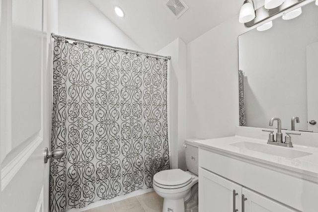 400 Parker Ct, Antioch, TN 37013 - bathroom with vanity, toilet, a shower with curtain, tile patterned floors, and vaulted ceiling
