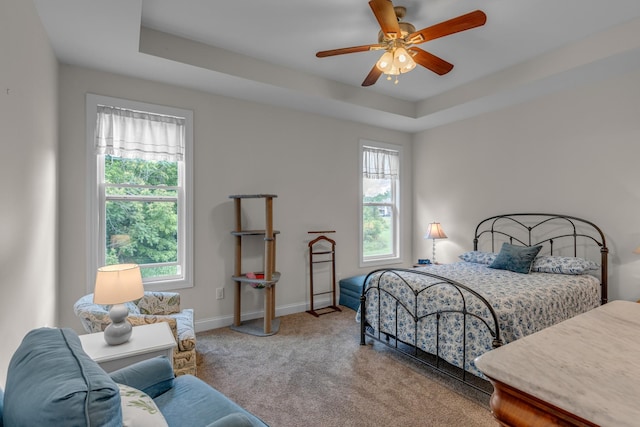 817 Tanager Pl, Lebanon, TN 37087 - carpeted bedroom with multiple windows, baseboards, a tray ceiling, and a ceiling fan