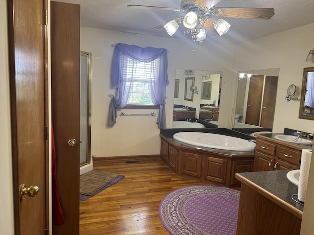325 Lafayette Ct, Moss, TN 38575 - bathroom with wood finished floors, a ceiling fan, a bath, vanity, and a stall shower