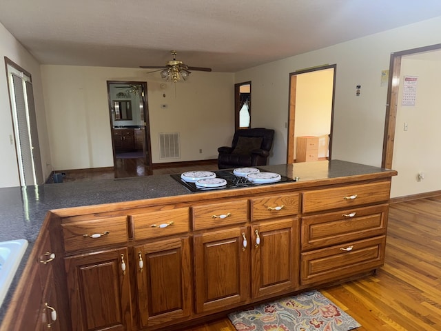 325 Lafayette Ct, Moss, TN 38575 - kitchen featuring brown cabinetry, light wood-style flooring, a ceiling fan, and black electric stovetop