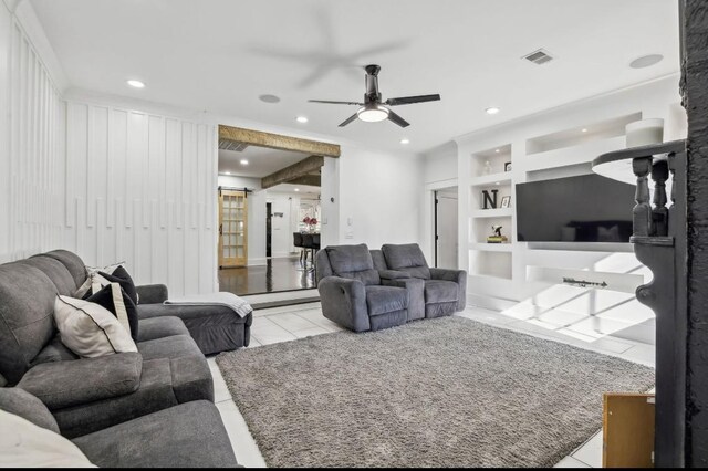 117 Park Cir, Columbia, TN 38401 - living area featuring built in features, a ceiling fan, and recessed lighting