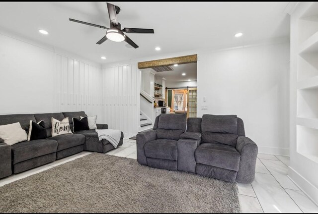 117 Park Cir, Columbia, TN 38401 - living area featuring stairs, light marble finish flooring, a ceiling fan, and recessed lighting