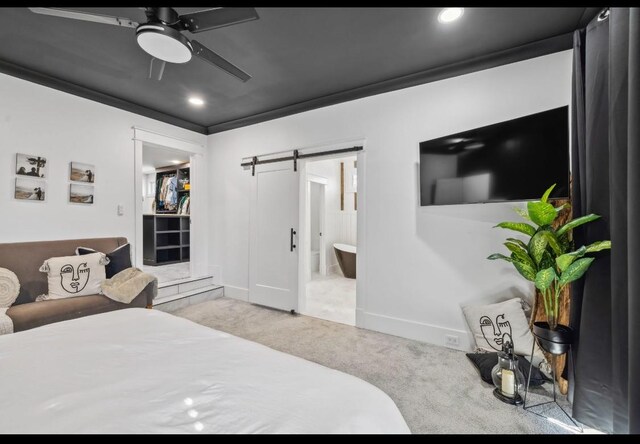 117 Park Cir, Columbia, TN 38401 - carpeted bedroom with a barn door, connected bathroom, baseboards, ceiling fan, and recessed lighting