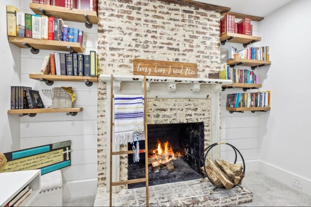 117 Park Cir, Columbia, TN 38401 - detailed view of a warm lit fireplace, carpet floors, and baseboards