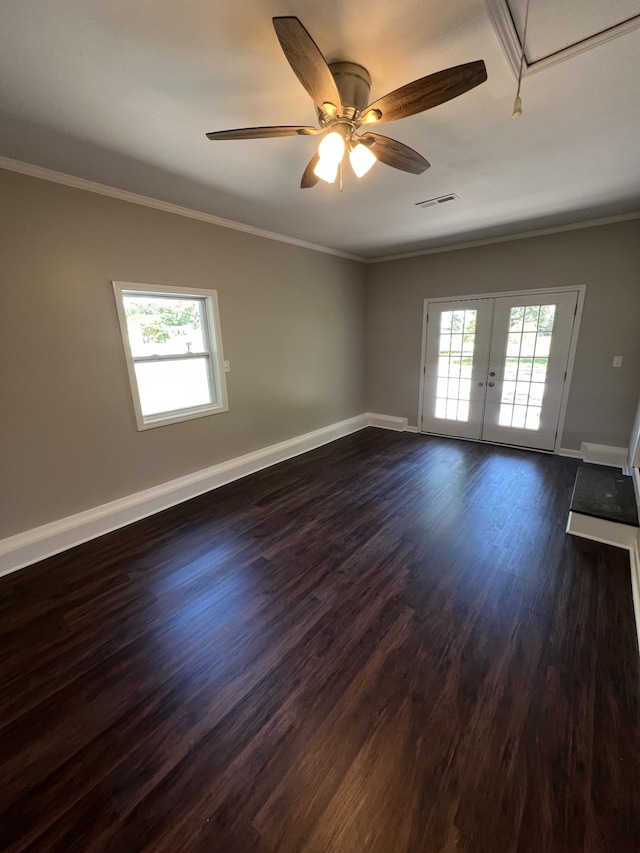1846 Patrick Rd, Pulaski, TN 38478 - unfurnished room featuring french doors, ornamental molding, dark wood-type flooring, a ceiling fan, and baseboards