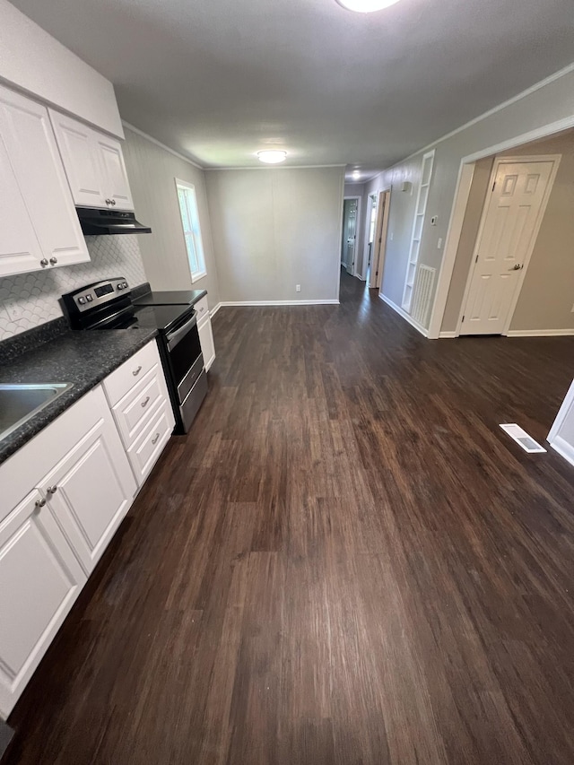 1846 Patrick Rd, Pulaski, TN 38478 - kitchen with stainless steel range with electric cooktop, dark wood finished floors, under cabinet range hood, dark countertops, and baseboards