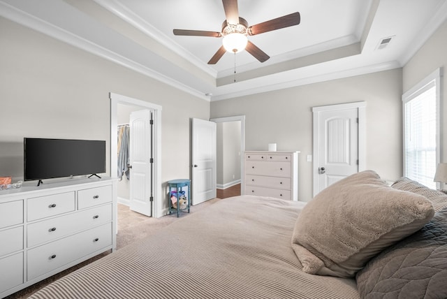 258 Bellshire Dr, Clarksville, TN 37043 - bedroom with a raised ceiling, crown molding, light colored carpet, ceiling fan, and baseboards