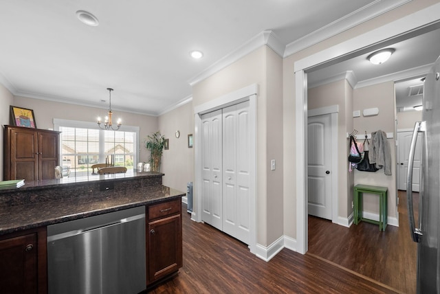 258 Bellshire Dr, Clarksville, TN 37043 - kitchen featuring stainless steel dishwasher, dark wood finished floors, a chandelier, baseboards, and crown molding