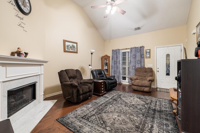 214 Cobblestone Lndg, Mount Juliet, TN 37122 - living room with ceiling fan, wood finished floors, a premium fireplace, baseboards, and high vaulted ceiling