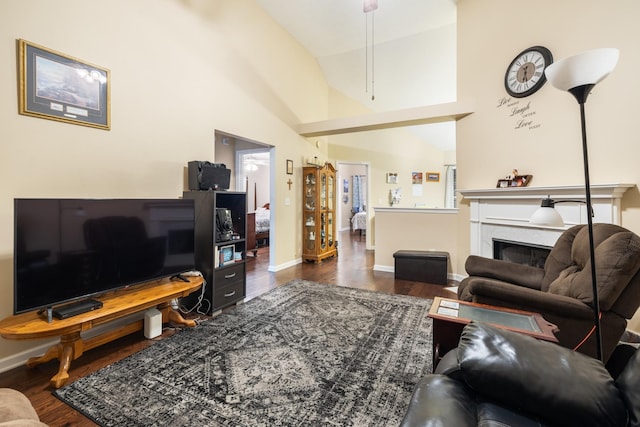 214 Cobblestone Lndg, Mount Juliet, TN 37122 - living room with dark wood-style flooring, baseboards, a fireplace, and high vaulted ceiling