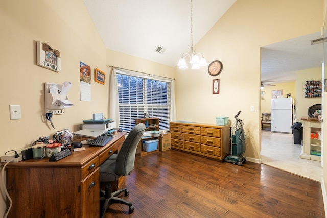 214 Cobblestone Lndg, Mount Juliet, TN 37122 - office area featuring dark wood finished floors, a ceiling fan, a chandelier, high vaulted ceiling, and baseboards