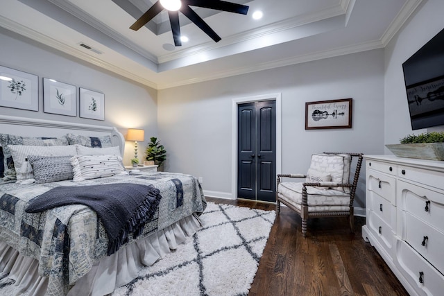 1092 Meeks Cemetery Rd, Burns, TN 37029 - bedroom with a raised ceiling, dark wood-type flooring, baseboards, ornamental molding, and ceiling fan