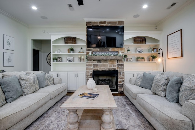 1092 Meeks Cemetery Rd, Burns, TN 37029 - living room featuring crown molding, wood finished floors, and a fireplace