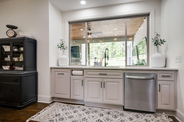 1092 Meeks Cemetery Rd, Burns, TN 37029 - bar with stainless steel dishwasher, a sink, wood finished floors, baseboards, and ceiling fan