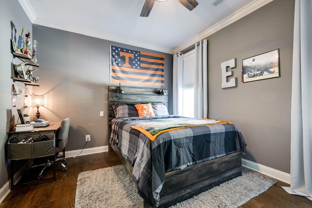 1092 Meeks Cemetery Rd, Burns, TN 37029 - bedroom with ornamental molding, baseboards, wood finished floors, a desk, and ceiling fan