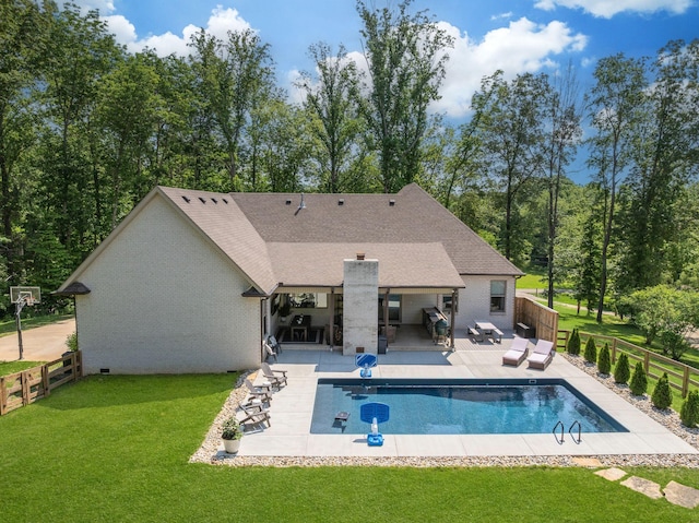 1092 Meeks Cemetery Rd, Burns, TN 37029 - back of house with a patio area, an outdoor hangout area, a shingled roof, and brick siding