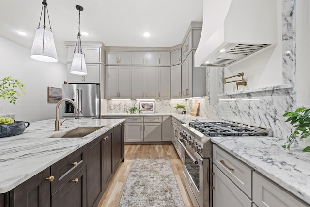 1438 Janie Ave, Nashville, TN 37216 - kitchen featuring custom range hood, high end appliances, a sink, light wood finished floors, and decorative backsplash