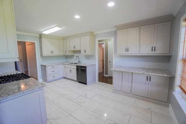 1009 Monticello Pl, Gallatin, TN 37066 - kitchen with black dishwasher, a sink, ornamental molding, baseboards, and light stone counters