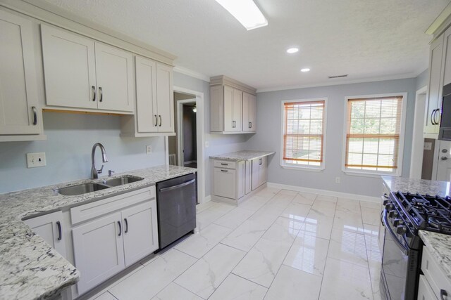 1009 Monticello Pl, Gallatin, TN 37066 - kitchen featuring dishwasher, a sink, ornamental molding, light marble finish flooring, and range with gas cooktop