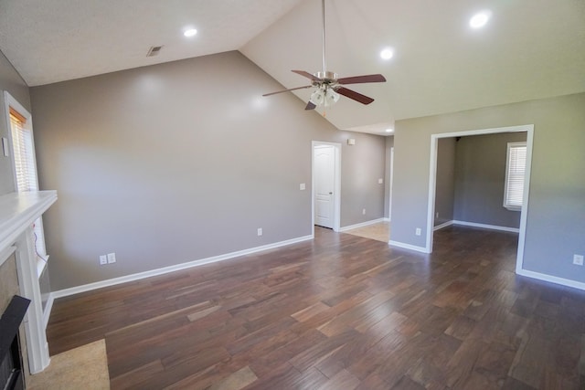 1009 Monticello Pl, Gallatin, TN 37066 - unfurnished living room with a ceiling fan, a fireplace with flush hearth, wood finished floors, high vaulted ceiling, and recessed lighting
