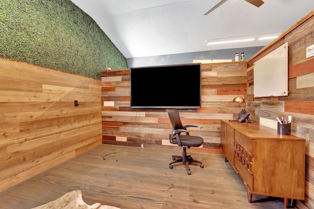 33 Edgewood Rd, Alexandria, TN 37012 - office featuring a ceiling fan, wood walls, vaulted ceiling, and wood finished floors