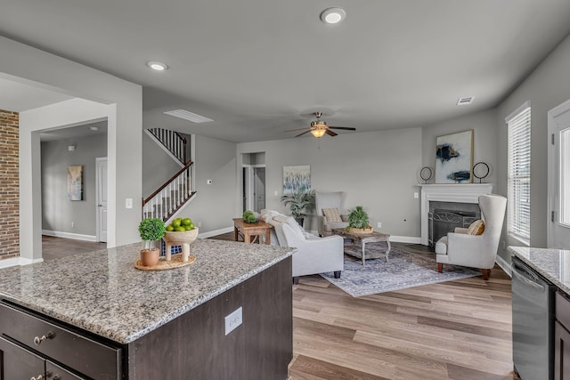 1010 Keeneland Dr, Spring Hill, TN 37174 - kitchen with stainless steel dishwasher, a fireplace with flush hearth, dark brown cabinetry, light wood-type flooring, and ceiling fan