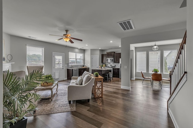 1010 Keeneland Dr, Spring Hill, TN 37174 - living room featuring ceiling fan, dark wood-style flooring, baseboards, and recessed lighting