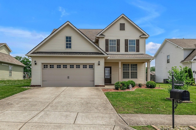 1010 Keeneland Dr, Spring Hill, TN 37174 - traditional-style house featuring a front lawn, concrete driveway, central AC unit, covered porch, and roof with shingles