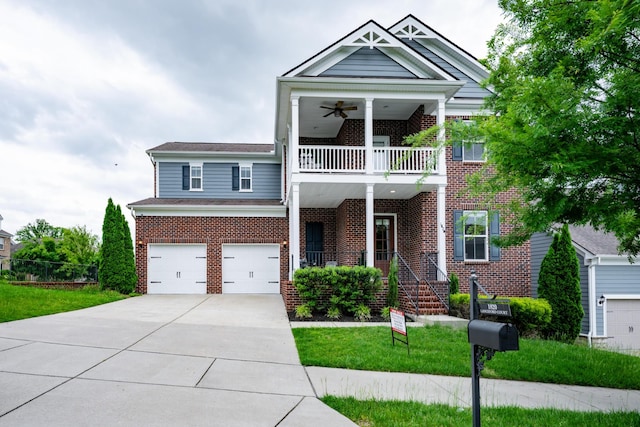 1820 Lanceford Ct, Franklin, TN 37067 - view of front of home with a balcony, brick siding, a garage, driveway, and ceiling fan