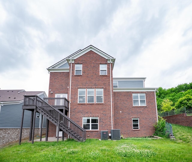 1820 Lanceford Ct, Franklin, TN 37067 - back of house featuring brick siding, stairway, a wooden deck, cooling unit, and a yard