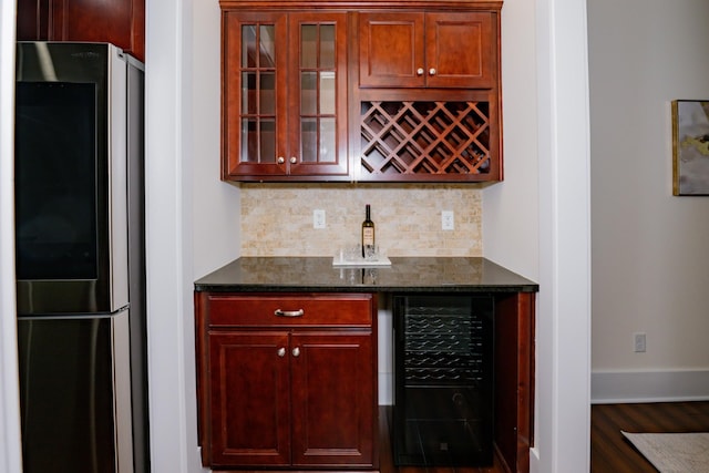 1820 Lanceford Ct, Franklin, TN 37067 - indoor dry bar with smart refrigerator, beverage cooler, tasteful backsplash, baseboards, and wood finished floors