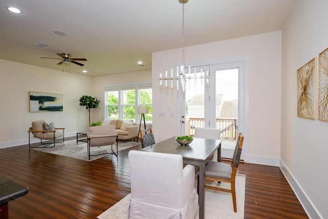1820 Lanceford Ct, Franklin, TN 37067 - dining space with dark wood-style floors, baseboards, recessed lighting, a ceiling fan, and a chandelier