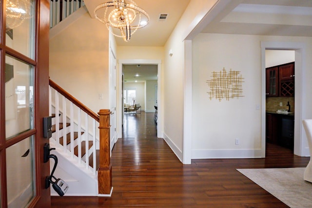 1820 Lanceford Ct, Franklin, TN 37067 - hall with stairway, dark wood-type flooring, a chandelier, and baseboards