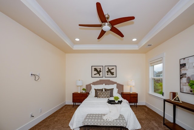 1820 Lanceford Ct, Franklin, TN 37067 - carpeted bedroom featuring a tray ceiling, recessed lighting, ornamental molding, baseboards, and a ceiling fan