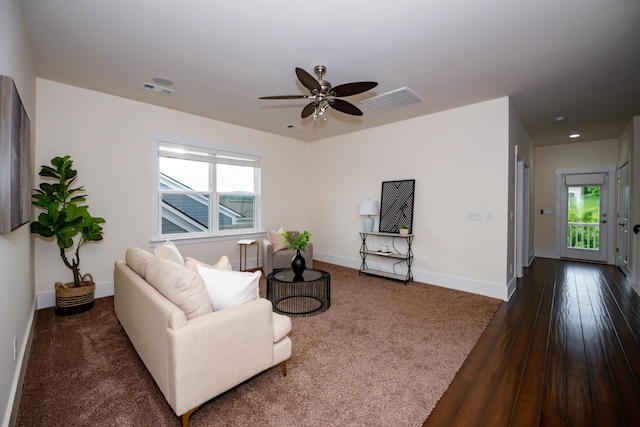 1820 Lanceford Ct, Franklin, TN 37067 - living area featuring healthy amount of natural light, a ceiling fan, baseboards, and dark wood-type flooring
