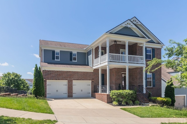 1820 Lanceford Ct, Franklin, TN 37067 - view of front of property with a balcony, brick siding, a garage, concrete driveway, and a ceiling fan