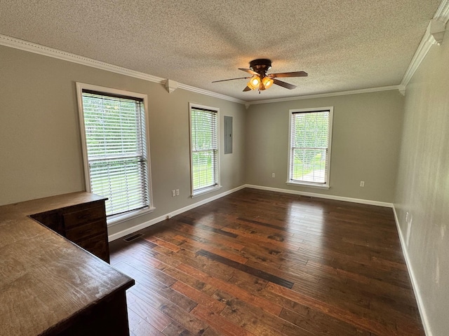 410 Sunset Ln, Monterey, TN 38574 - empty room featuring a textured ceiling, dark wood-type flooring, crown molding, plenty of natural light, and electric panel
