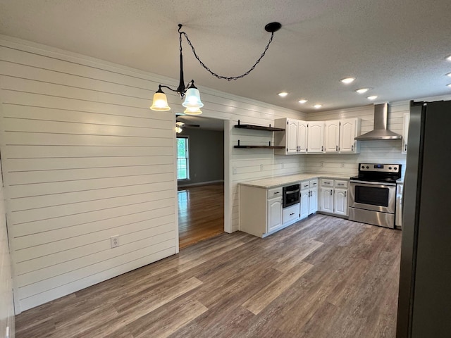 410 Sunset Ln, Monterey, TN 38574 - kitchen with appliances with stainless steel finishes, wall chimney exhaust hood, open shelves, decorative backsplash, and light countertops