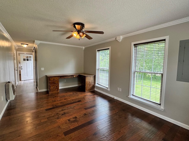410 Sunset Ln, Monterey, TN 38574 - unfurnished living room with electric panel, crown molding, dark wood-style flooring, ceiling fan, and an office area