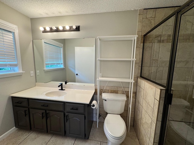 410 Sunset Ln, Monterey, TN 38574 - full bathroom featuring a shower stall, a textured ceiling, vanity, toilet, and tile patterned flooring