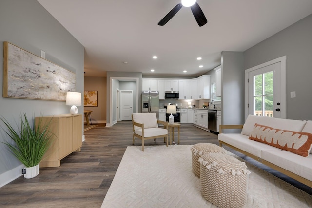 85 Truform Way, Dickson, TN 37055 - living room featuring ceiling fan, baseboards, recessed lighting, and dark wood-style floors