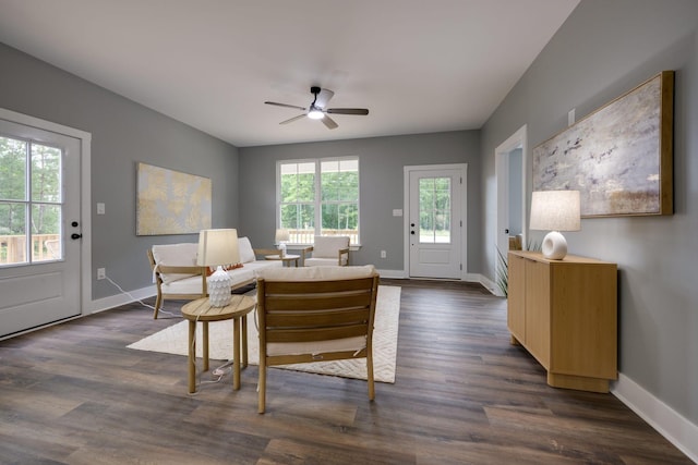 85 Truform Way, Dickson, TN 37055 - living area with ceiling fan, baseboards, and dark wood-type flooring