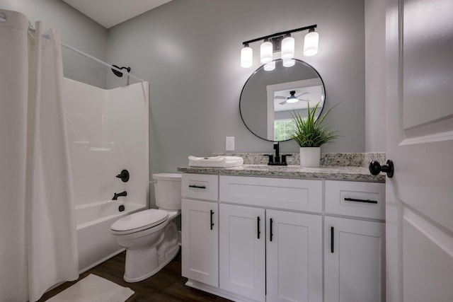 85 Truform Way, Dickson, TN 37055 - bathroom with wood finished floors, toilet, vanity, shower / bath combination with curtain, and ceiling fan