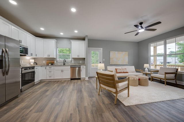 85 Truform Way, Dickson, TN 37055 - living room with dark wood-style floors, recessed lighting, and a ceiling fan