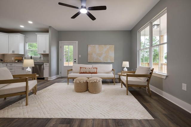 85 Truform Way, Dickson, TN 37055 - living area featuring baseboards, ceiling fan, recessed lighting, and dark wood-type flooring