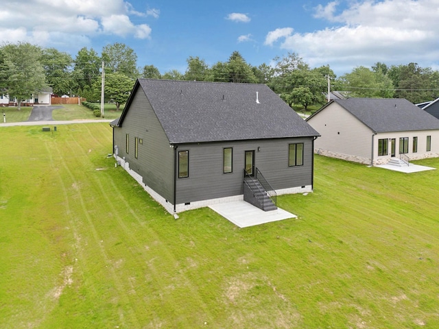 811 Oconner St, Smithville, TN 37166 - rear view of property featuring crawl space, a shingled roof, a patio area, and a yard