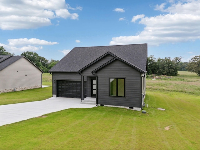 811 Oconner St, Smithville, TN 37166 - view of front of property with an attached garage, concrete driveway, a front yard, crawl space, and roof with shingles